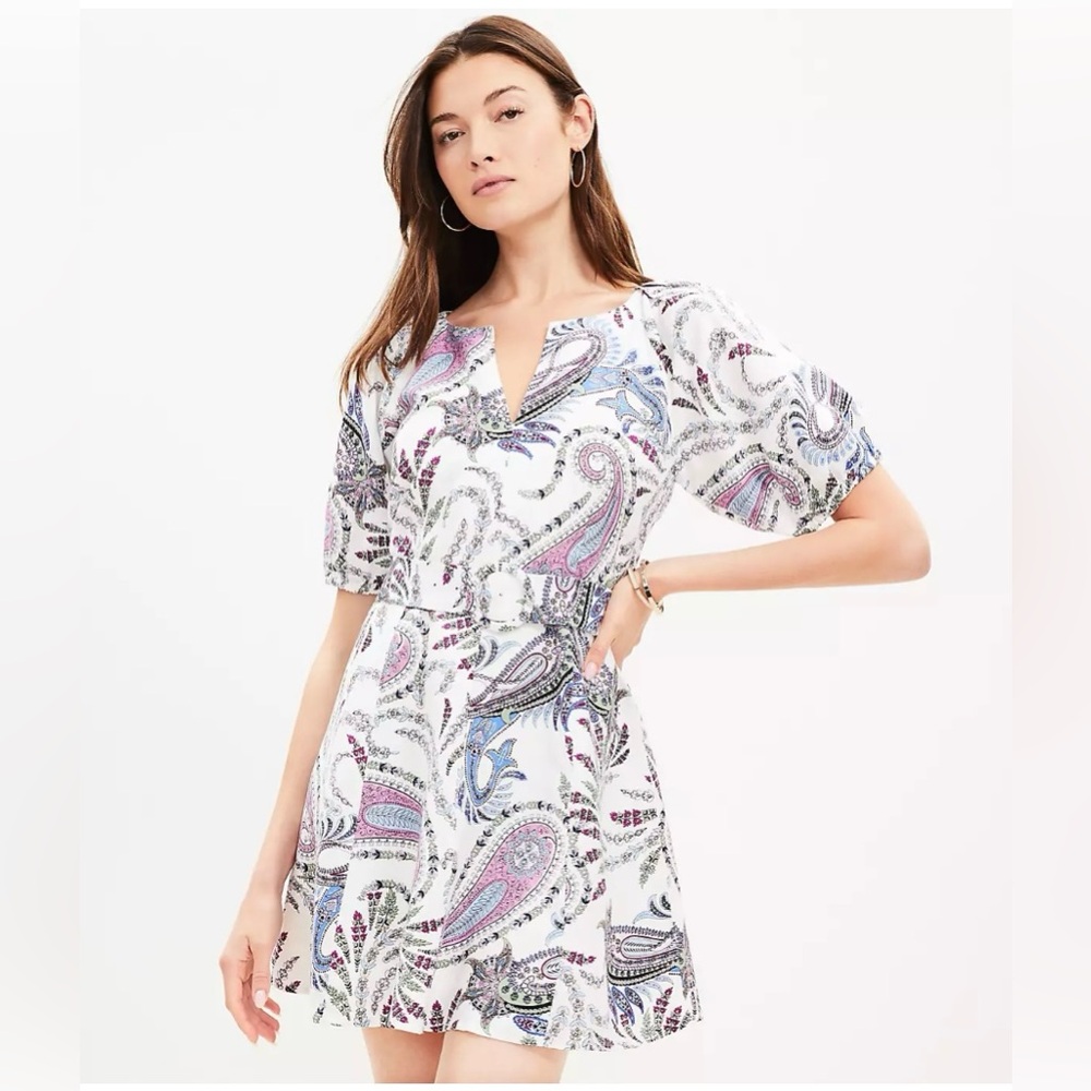 LOFT petite Purple and Blue Paisely Puff Sleeve with belt Dress